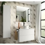 Caesaroo - Meuble de salle de bain suspendu 80 cm Ulisse en bois Blanc mat avec lavabo à poser 80 cm - Avec colonne