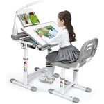 GOPLUS Bureau Enfant avec Chaise Hauteurs Reglables, Angle de Bureau Reglable 0°-40°, Lampe de Direction Ajustable, Support de Livres, Tiroir de