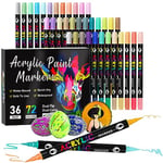 TrendGate 72 Couleurs 36 stylos Feutre Acrylique, Feutre Peinture Acrylique Double Pointe Pinceau, Marqueur Acrylique Pour Papier, Verre, Galet, Métal, Plastique, Bois, Oeuf, Céramique, Textile