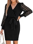 CUPSHE Robe courte en tricot courte avec ceinture et col en V pour femme - Manches longues et transparentes - Noire, Noir, M