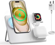 JoyGeek Charger Stand with MagSafe, 3 in 1 Wireless Charging Station for i Phone 16/15/14/13/12, Multi Charger Station for iWatch 10-2/Ultra, Charging Stand for AirPods 4/Pro/3/2-White