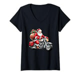 Womens Santa Claus on a Motorcycle Delivering Gifts V-Neck T-Shirt