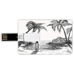 16G USB Flash Drives Credit Card Shape Surf Memory Stick Bank Card Style Seascape with Coconut Tree and Surfboard on the Sand Summer Time Exotic Island Sketch,Black White Waterproof Pen Thumb Lovely J