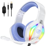 Fachixy 「2024 New」FC100 Casque Gaming pour PC/PS4/PS5/Xbox/Mac/Nintendo Switch, Casque Gamer PS4 avec Lumière RVB, Casque PS5 avec Micro, Casque Antibruit avec Prise Jack 3,5 MM - Blanc Violet