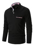 STTLZMC Mens Long Sleeve Polo Shirts Plaid Collar Basic Casual T-Shirt #11 Black XL