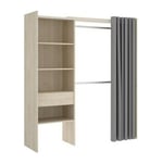 Dressing extensible avec rideau + 1 tiroir - Décor chene naturel - l 160-113 x p 50 x h 205 cm - suit