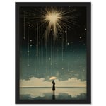 Falling Star Rain Dreamy Artwork Bright Star Wish Woman with Umbrella Fairytale Dreamscape Artwork Framed Wall Art Print A4