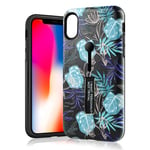 Mipcase 3D Embossed Flower Painted Phone Case for Apple iPhone XR, Anti-scratch Fully Protective Phone Cover Hard Case with Ring Strap and Kickstand - Blue-purple Monstera