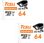 Lot de 2 cartes mémoire microSDXC haute endurance 64 Go avec adaptateur - A2, UHS-I U3, V30, 4K, carte micro SD, lecture/écriture jusqu'à 100/80 Mo/s, microSD pour caméras embarquées, caméras