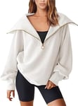 SotRong White Sweatshirts for Women Quarter Zip Oversized Pullover Sweatshirts Ladies Baggy Loose Fit Laple Collar Jumpers Long Sleeve Thermal Tops L