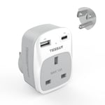 UK to US Plug Adapter, TESSAN American Plug Adapter with 2 USB (1 USB C), 3 in 1 Grounded Type B Plug Adapter, UK to US Power Adapter for USA, Canada, Thailand, Mexico, White