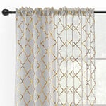 Kotile Grey Moroccan Sheer Curtains - Metallic Gold Foil Geo Trellis Pattern Rod Pocket Grey Sheer Curtains 63 Inch Long for Bedroom, 52 x 63 Inch, 2 Panels, Gray & Gold