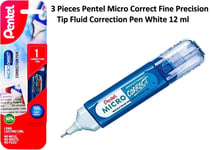 3 Pieces Pentel Micro Correct Fine Precision Tip Fluid Correction Pen White 12ml