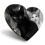 Heart MDF Coasters - BW - Cute Kittens Black Tabby Ginger Cat  #43908