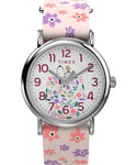 Timex Peanuts Montre pour femmes, 38 mm, bracelet de fixation en tissu rose, simple couche, cadran blanc, boîtier argenté TW2W33200