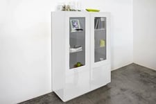 Dmora - Vitrine Bettino, Buffet 4 Portes avec étagères en Verre, Meuble de Salon Polyvalent, 100% Made in Italy, 100x41h146 cm, Blanc Brillant