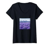 Womens Lavender Fields In Bloom Vintage Landscape Graphic V-Neck T-Shirt