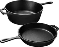 KICHLY 3.0L/3.2 Quart Pre Seasoned Cast Iron Pan - Combo Cooker Dutch Oven with Lid - Dual Function Cast Iron Skillet - 10.25 Inch (26 cm) - Cast Iron Pot with lid - Cast Iron Casserole Dish with Lid