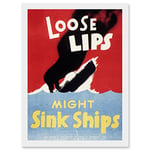 Artery8 War World WW2 USA Loose Lips Sink Ships A4 Artwork Framed Wall Art Print