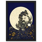 Doppelganger33 LTD Man In The Full Moon Blue Floral Lunar Illustration Artwork Framed A3 Wall Art Print