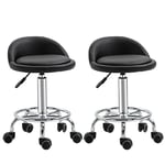 HOMCOM Lot de 2 Tabouret à Roulette Tabouret de Travail pivotant 360° - Assise réglable 47-62H cm, Dossier Ergonomique - Acier chromé revêtement synthétique Noir