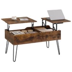 WOLTU Table Basse Relevable, Table de Salon, Table Basse Industrielle avec 2 Compartiments Cachés, Table de Salle à Manger, Pieds en Métal, Effet de Bois brûlé,BTS14vbn