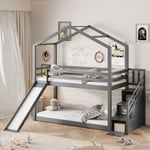 Lit enfant 90x200cm, lit cabane, lit superposé, avec toboggan et escalier de rangement, en bois, gris