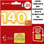 OFFICIAL UK VODAFONE Sim Card Pay As You Go 140GB £20 PAYG STANDARD MICRO NANO