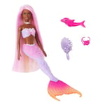 Barbie Sirène « Brooklyn » Poupée avec cheveux roses, accessoires de coiffure, animal de compagnie dauphin et fonction changement de couleur activée par l’eau, HRP98