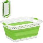 Panier à lessive pliable, plastique, silicone, corbeille à linge peu encombrante, HlP 27x61x45,5cm, vert clair - Relaxdays