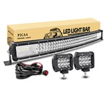 PICAA Led Barre Lumineuse 7D Triple Rangée Incurvé 32 pouces 78.5cm 405W Rampe a led barre de led avec de 2X 4 pouces Phare de Travail LED 12V 24V hors route Voiture Véhicules 4x4 SUV ATV Camion