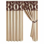 ml MassAri Limited Pencil Pleat Curtains 90''x90'' Cream Brown Damask Velvet Flock Faux Silk Curtains For Window Bedroom Living Room (90''x90'' Cream Brown)