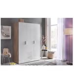 Armoire penderie 3 portes 2 tiroirs MALTA chêne façade laquée blanc cassé L : 120 cm