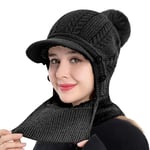 Rayson Bonnet Femme Hiver Doublé Polaire avec Pompon Tricoté Chapeau Chaud et Chic Bonnet Cagoule Femme Cache Cou Protege Oreilles 3 in 1(Noir, Taille Unique)