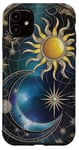 Coque pour iPhone 11 Vitrail bleu doré céleste lune soleil esthétique