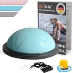 DH FitLife Ballon d'équilibre pour yoga - Diamètre : 60 x 22 cm - Charge maximale : 200 kg - Demi-ballon de gymnastique - Planche d'équilibre avec pompe et 2 bandes de fitness - Bleu