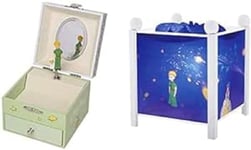 TROUSSELIER Boîte à Trésors & Bijoux Musicale " Le Petit Prince St Exupéry" - Colori Vert + Veilleuse "Le Petit Prince St Exupéry" - Couleur Bois Blanc - Ampoule 12V 10W inclue - Prise Elec. EU