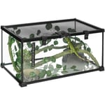 Pawhut - Terrarium verre transparent - couvercle treillis métallique coulissant verrouillable, trappe, distributeur eau, thermomètre - noir