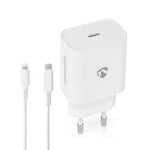 Nedis - Vægoplader | 20 W | Hurtigopladningsfunktion | 1.67 A / 2.22 A / 3.0 A | Antal output: 1 | USB-C™ | Lightning 8-Pin (Loose) kabel | 1.00 m | Automatisk Valgt Spænding - WCPDL20W112WT