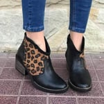 Bottines femme léopard rétro en cuir à rond avec fermeture éclair et talon haut, Noir , 36 EU