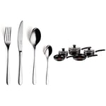 Villeroy & Boch 19-5317-9030 Vivo Group-New Fresh Basic Service, 24 Pieces, Universal Cutlery Set Day Use, 18/10 Stainless Steel, Silver & Tefal 5 Piece, Essential, Pots and Pans Set, Black, 5 Count