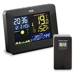 ADE Station météo intérieur avec capteur extérieur sans fil | Thermomètre, hygromètre | Prévisions météo animées | Horloge radiopilotée | Grand écran LCD couleur | noir