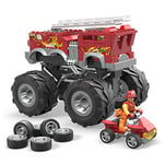 Hot Wheels Mega Monster Truck - Jeu de Construction - Camion de Pompiers à 5 alarmes avec 284 pièces et Roues géantes, 1 Micro Figurine d'action, Rouge, à partir de 5 Ans, HHD19