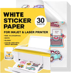 Papier Autocollant Feuilles De Papier Autocollant 30Pcs A4 Autocollant Jet D'Encre Blanc Papier Autocollant Imperméable En Imprimable Pour Imprimante À Jet D'Encre Laser 21 X 29,7 Cm