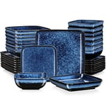 vancasso Dinner Sets, Square Reactive Glaze Crockery Set, 32-Piece Ceramic Plates and Bowls Set with Dinner Plate, Dessert Plate, Bowl and Soup Plate. Vintage Blue Look, Service for 8