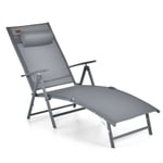 Chaise Longue Pliante Transat Inclinable Portable Avec Dossier Réglable Sur 7 Positions Bain De Soleil Avec Accoudoir Repose-Tête Gris Helloshop26 20_0005018