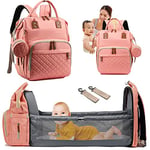 Fexkean Sac à Dos à Langer pour Bébé, Sac à Dos Pour lit bébé, Sac à langer de voyage portable avec lit pliable Grande Capacité Sac à Couches Multifonction Imperméable-(Rose)