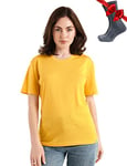 Merino.tech T Shirt Merinos Femme - Laine Merinos Chemise Femme + Chaussettes de randonnée en Laine mérinoss (X-Large, Gold Crewneck)