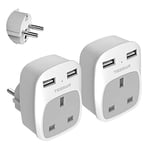 UK to European Travel Adapter 2 Pack, Schuko Grounded Euro EU Plug Adapter with 2 USB Ports for Most of Europe Spain Germany France Iceland Poland Russia and More (Type E F)