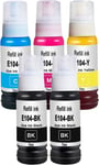 Lot de 5 Cartouches d'encre 104(2 x Noir,Cyan,Magenta,Jaune) Compatible avec Epson 104 EcoTank ET-2710 ET-2711 ET-2712 ET-2714 ET-2715 ET-2720 ET-2726 ET-4700(Q930)